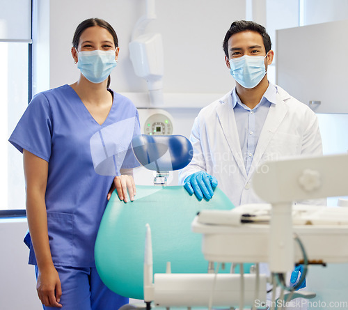 Image of Dentist team, face mask and professional portrait for.medical industry and teamwork. Assistant woman and asian man or healthcare staff together for dental care, oral health and wellness at practice