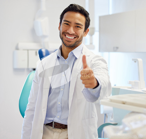 Image of Portrait, man and dentist with thumbs up, smile and oral care with happiness, specialist and professional. Face, male person or employee with dental hygiene, healthcare sector and support with review