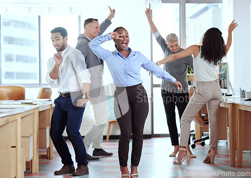 Image of Office, celebration and excited business people dance for success, achievement and team building. Corporate, collaboration and happy men and women dancing in workplace to celebrate bonus or profit