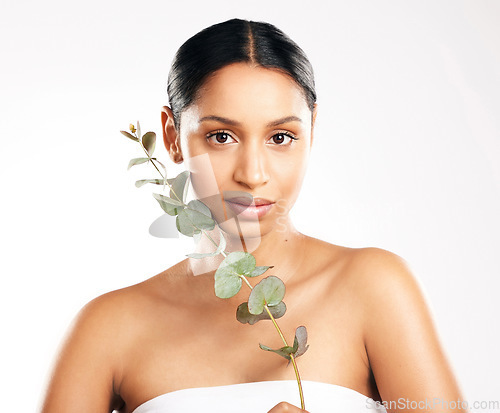 Image of Woman, portrait and plant for natural beauty, skincare or nature cosmetics against a white studio background. Face of female person or model with green leaf, leaves or dermatology for sustainability