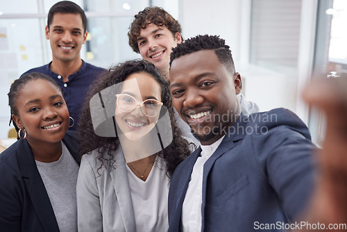 Image of Business people, selfie and group with corporate, staff and teamwork with startup, memory and diversity. Portrait, coworkers or men with women, social media or collaboration with partnership or smile