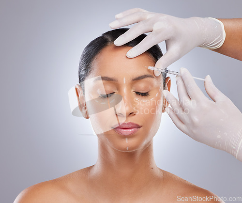 Image of Plastic surgery, face and botox with woman and injection for aesthetic, dermatology and beauty. Pattern, filler and medical with model and syringe on grey background for collagen and cosmetics