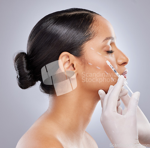 Image of Profile, filler and botox with woman and injection for plastic surgery, dermatology and beauty. Pattern, aesthetic and medical with model and syringe on grey background for collagen and cosmetics