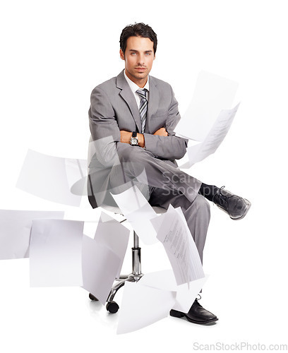 Image of Portrait, arms crossed and business man with documents isolated on a transparent png background. Paperwork in air, serious and male professional on chair, confident person and calm during stress.