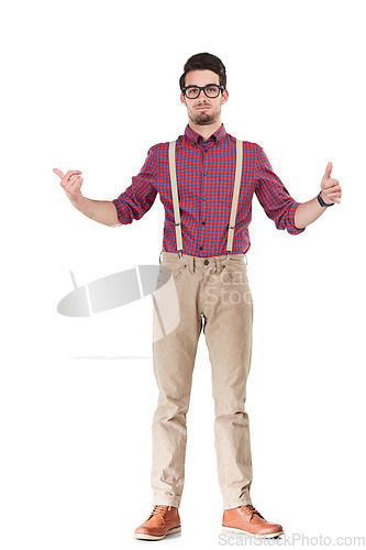 Image of Man, isolated and Shaka hand sign, portrait and deal, sale and hipster nerd style with glasses. Male person, geek fashion and call me gesture and positive news on transparent png background