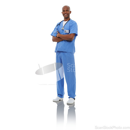 Image of Doctor, black man and male nurse in healthcare and trust on a png, transparent and mockup or isolated background. Portrait of a confident man, medical professional or surgeon ready for health or care