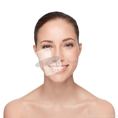 Image of Skincare, beauty and face of a woman with a happy smile, teeth and clean skin on a png, transparent and isolated or mockup background. Portrait of good hygiene, health and dental care or wellness