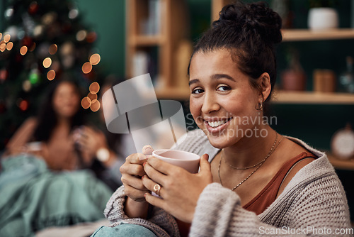 Image of The most chilled season of the year. Shot of a beautiful young woman enjoying a warm beverage with her friends in the background during Christmas at home.