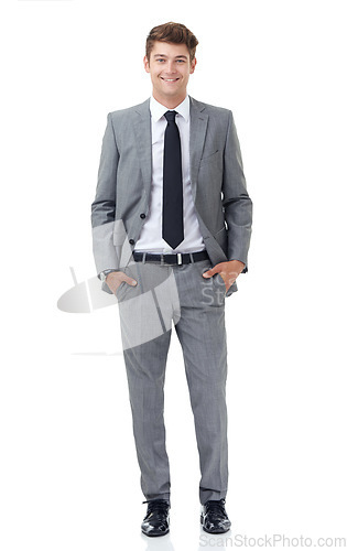 Image of Hes a young up and comer in the corporate world. A handsome young businessman isolated on white.