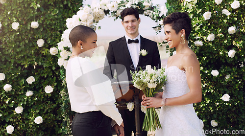 Image of Love, marriage and lgbtq with lesbian couple at wedding for celebration, happy and bride pride. Smile, spring and ceremony with women at event for partner commitment, queer romance and freedom