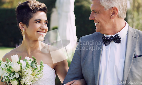 Image of You deserve this happiness and much more. Cropped shot of an affectionate mature father smiling at his daughter while walking her down the while on her wedding day.