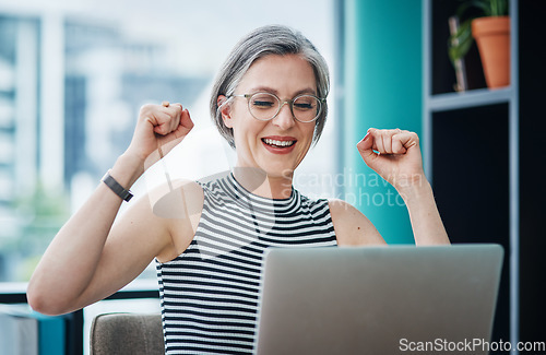 Image of Take the chance whether youll succeed or not. Shot of a businesswoman looking cheerful while using her laptop.