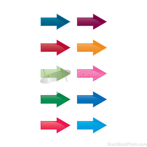 Image of Color, right and graphic of arrows with direction, choice and symbol isolated against a white studio background. Colorful, illustrations and design with point, object and showing with goal and travel