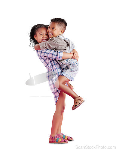 Image of Love, smile and sister with brother, hug and portrait isolated against a transparent background. Face, siblings or children embrace, happiness and cheerful with quality time, png and bonding with joy