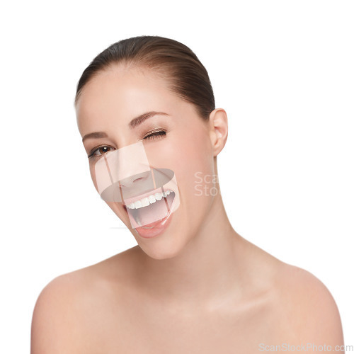 Image of Skincare, beauty and face of a woman with a happy smile, wink and clean skin on a png, transparent and isolated or mockup background. Portrait of good hygiene, health and wellness
