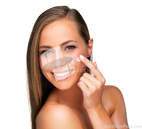 Image of She takes skincare seriously. Studio shot of a beautiful brunette woman isolated on white.