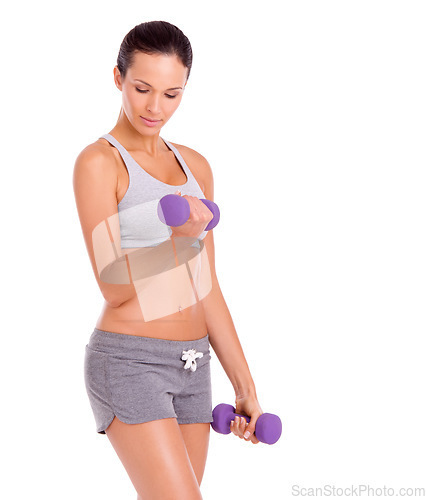 Image of Working up a sweat. A beautiful young woman working out with dumbbells.