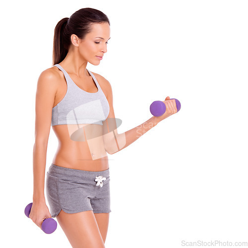 Image of Staying toned and feeling great. A beautiful young woman working out with dumbbells.