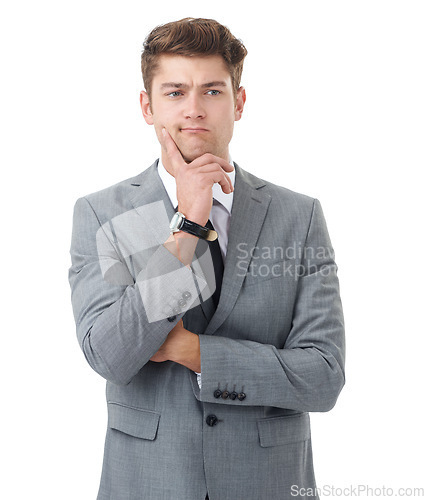 Image of Making a business decision. A handsome young businessman isolated on white.