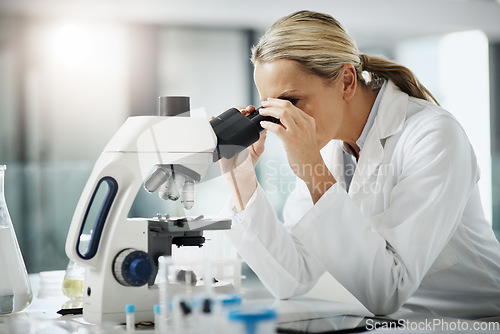 Image of Taking a closer look. Cropped shot of an attractive mature female scientist using a microscope while doing research in her lab.