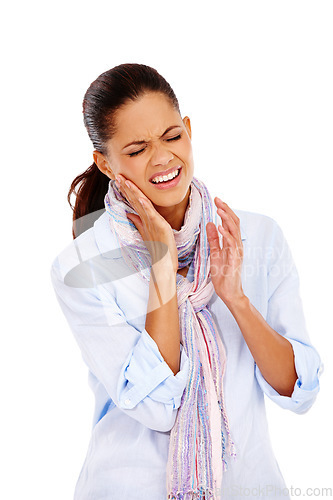 Image of Dental, toothache or pain with a black woman in studio isolated on a white background for oral hygiene. Teeth, gums or cavity and a female holding her jaw at a dentist on blank space with tooth decay