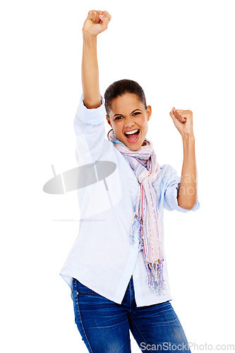 Image of Winner, portrait and success celebration of woman in studio isolated on a white background mock up. Winning, achievement and happy young female fist pump celebrating goals, targets or lottery victory