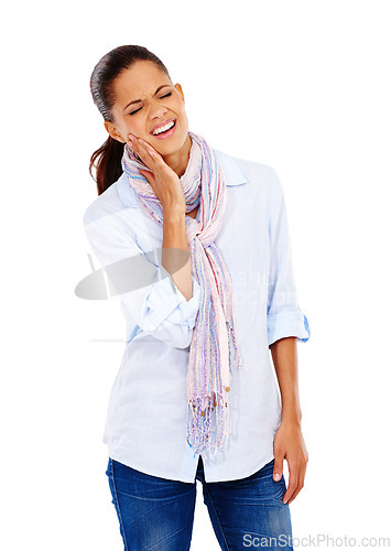 Image of Dental, toothache and tooth decay with a black woman in studio isolated on a white background at the dentist. Teeth, gums and cavity with a female holding her jaw on blank space from oral hygiene