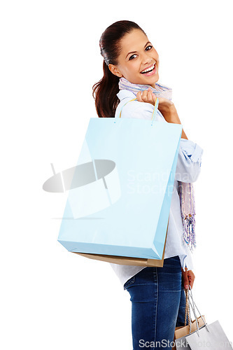 Image of Happy shopping, woman and studio portrait with white background, isolated and retail mall sales. Rich customer, model and gift bags for shopper service, discount promotion and luxury store brand deal