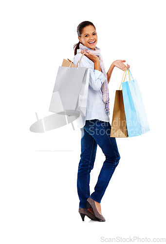Image of Shopping bag, excited woman and studio portrait with white background, isolated mockup and sales. Happy customer, model and retail shopping from market, discount promotion or luxury store brand offer