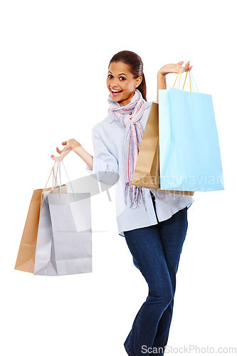 Image of Happy woman, shopping bag and studio portrait with white background, isolated mockup and mall sales. Rich customer, model and shop in retail market, discount promotion and luxury store brand offer