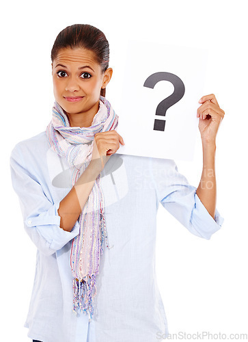 Image of Confused, question mark and portrait of a woman with a paper isolated on a white background. Marketing, sign and person advertising a brand with a surprise decision on poster on a studio background