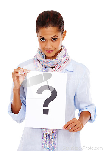 Image of Happy, question mark and portrait of a woman with a paper isolated on a white background. Marketing, sign and person advertising a brand with a surprise decision on poster on a studio background