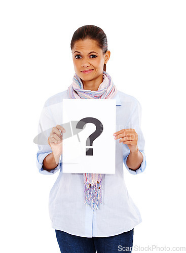 Image of Question mark, marketing and portrait of a woman with a poster for branding isolated on a white background in studio. Paper, decision and employee confused about advertising a question on a sign