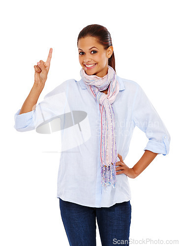 Image of Woman, portrait and hand pointing up on isolated white background at promotion mockup or marketing space. Smile, happy and fashion model and showing hand gesture at sales, deal or advertising mock up