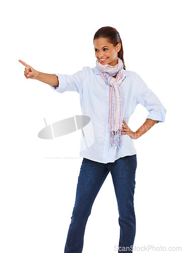 Image of Happy woman, hands or pointing on isolated white background on interface design or touch technology mockup. Smile, model or choice hand gesture for ai abstract innovation or augmented reality mock up