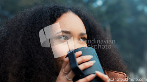 Image of Thinking, nature and a woman with coffee on vacation, relax and camping in the woods. Calm, idea and a young girl drinking tea in the morning in a forest during a holiday in winter for travel