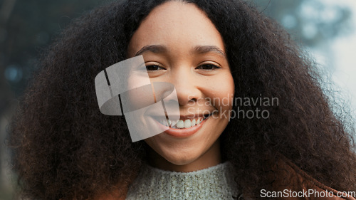 Image of Portrait, face and a happy woman outdoor in nature to relax and breathe fresh air. Vacation, calm woods and closeup of a young african girl on holiday or hike on misty morning with a confident smile