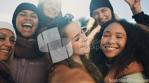 Image of Selfie, video and peace with hiking friends together in the forest or woods to explore for adventure. Portrait, photograph and a group of women outdoor in the wilderness for bonding in nature