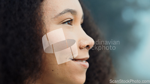 Image of Face, happy and woman in nature, thinking and vacation in the woods to relax. Ideas, calm and facial closeup of a young girl on a holiday, camping and with confidence on a misty morning with a smile