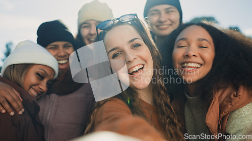 Image of Group, women and peace sign for selfie in nature with diversity, love and emoji for post on web blog. Female people, photography and profile picture with social media, happy and together for camping