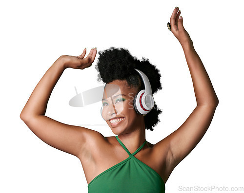 Image of Dance, black woman listening to music with headphones and freedom isolated against a transparent png background. Motion, happy girl and young African female person streaming podcast or radio sound