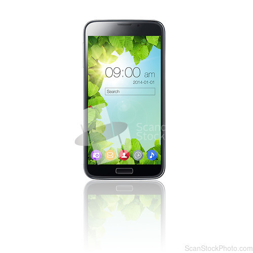 Image of A phone, screen and mockup space for technology, 5g internet and a smartphone app on a png, transparent or isolated background. A social media website or brand advertising and marketing icon