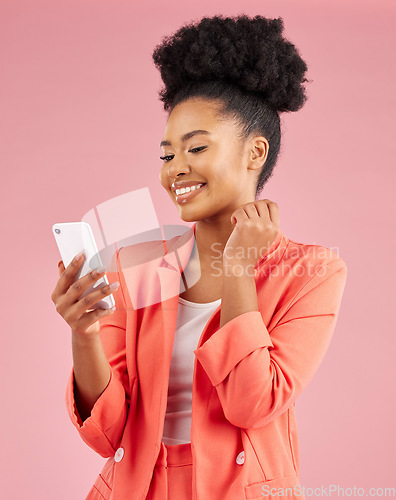 Image of African woman, phone and studio with thinking, texting or web chat for contact, smile and pink background. Young fashion model, student or gen z girl with smartphone, beauty or ideas for social media