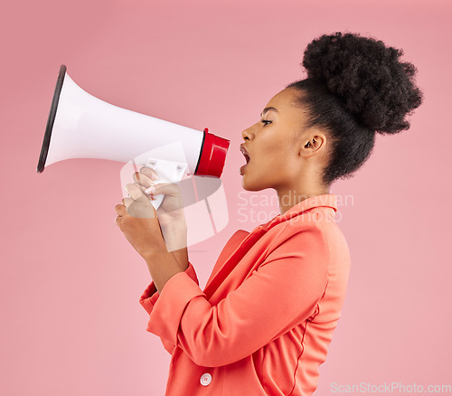 Image of Black woman, megaphone or announcement in studio on pink background for freedom of speech, noise and breaking news. Female model, shouting and voice for attention, audio speaker and broadcast opinion