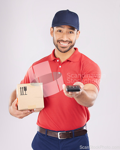 Image of Happy man, portrait and box with pos for payment, delivery or ecommerce against a grey studio background. Male person smile in supply chain, logistics or courier service with package and card machine