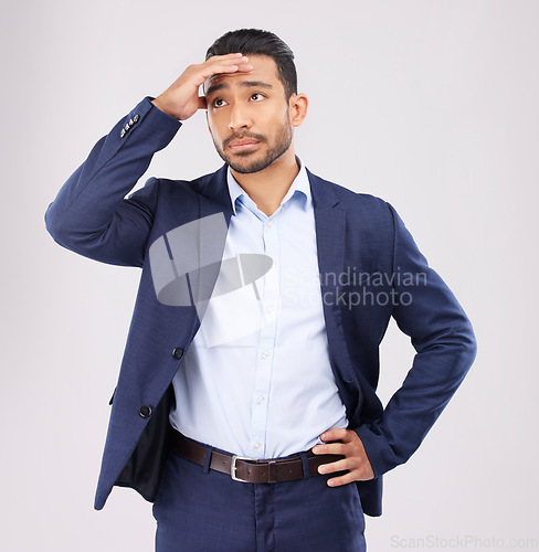 Image of Business man, stress and confused in studio for anxiety, debt and stock market crash for fail economy. Asian male worker thinking of bankruptcy problem, doubt and financial crisis on white background