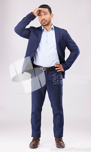 Image of Business, stress and asian man in studio for anxiety, debt or frustrated for stock market crash. Sad corporate worker depressed for burnout, bankruptcy problem or financial crisis on white background