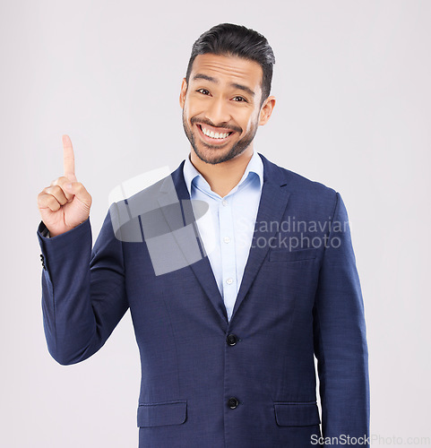 Image of Confused, pointing and portrait with business man in studio for idea, advertising and news. Question, space and announcement with person on white background for promotion, mockup and information