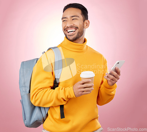 Image of Backpack, phone and happy man or student thinking of university, college and e learning results on pink background. Scholarship, education and asian person with bag, coffee and mobile chat in studio