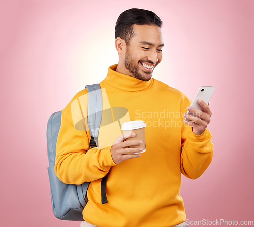 Image of Backpack, phone and student or man on studio pink background for scholarship, university or college results. Learning, education and happy person in bag, coffee break and study information on mobile